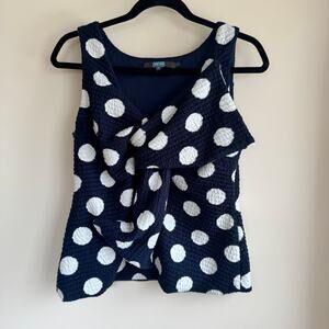 Evan Franco Bow Top Navy Blue White Polka Dot V-Neck Sleeveless Women's Sz 10